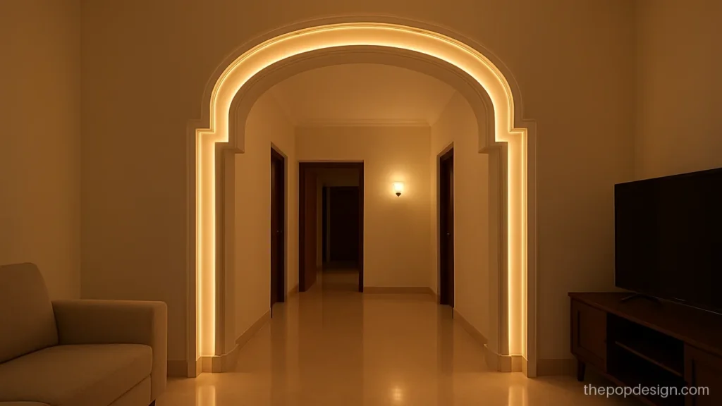 Main hall pop arch design with stepped double border and warm light