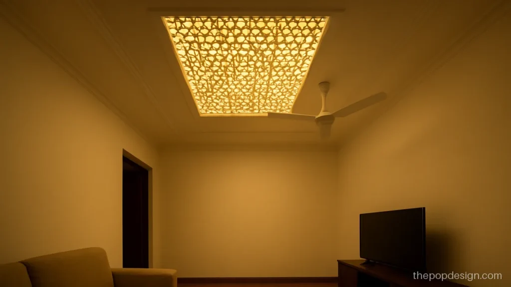 Pop murga jali false ceiling design with a back lit centre panel