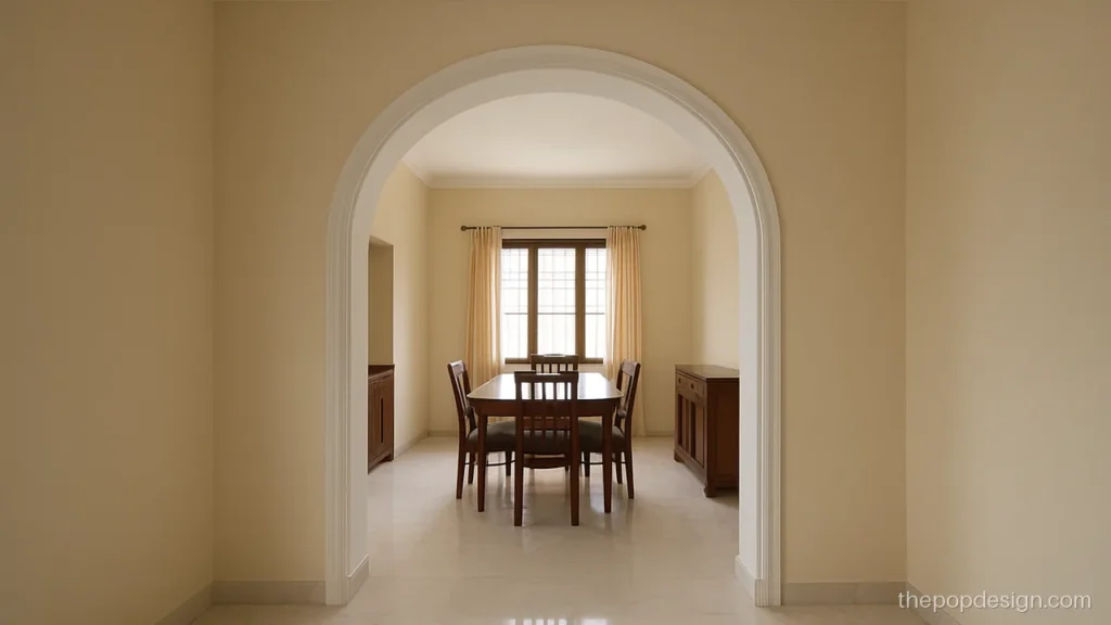 Simple pop arch design with a round top between hall and dining