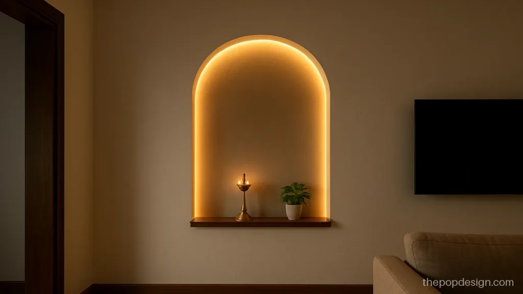 Pop arch design on wall with a recessed niche and lamp shelf