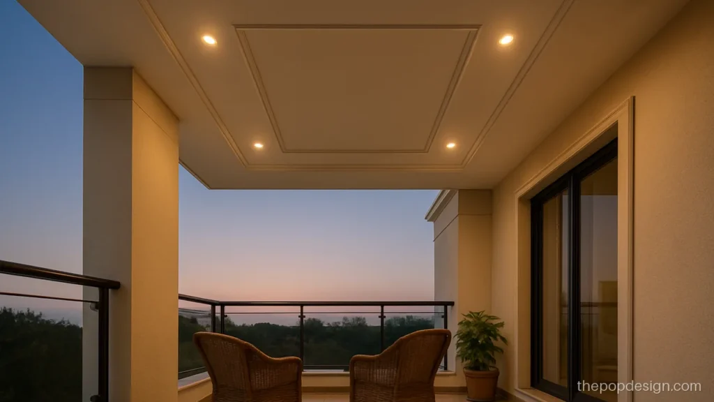 Modern front balcony pop design with a raised panel and warm spots