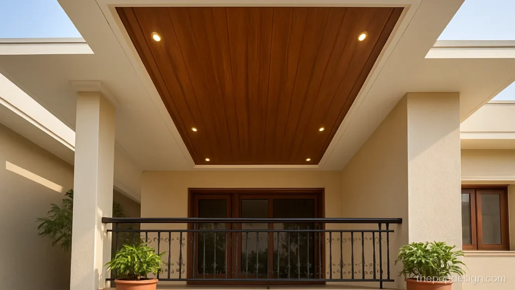 Outdoor balcony pop design with wood plank band and white border