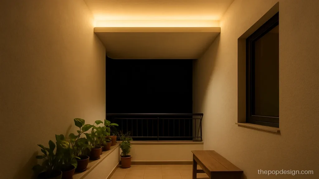 Small balcony pop design with one curved corner and soft cove