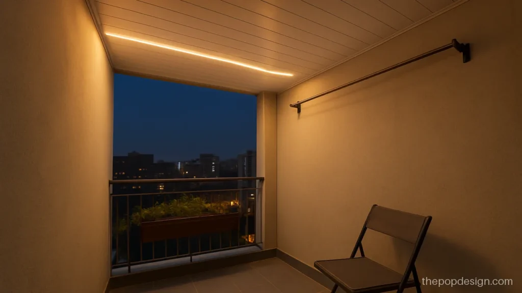 Pvc pop design for balcony with one slim light line in a flat