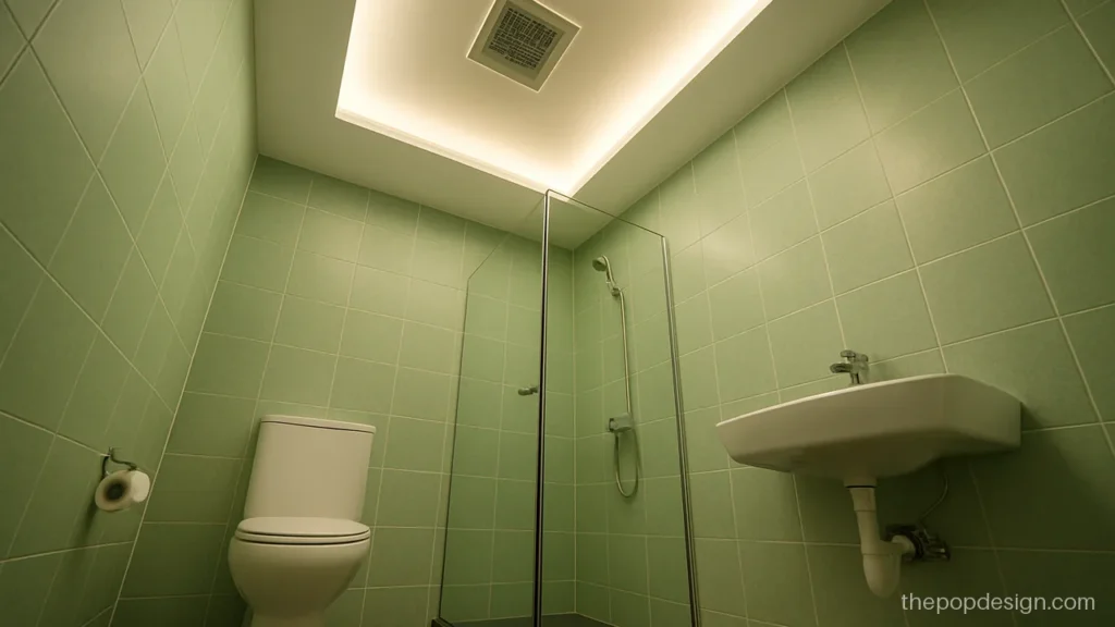 Bathroom POP ceiling design with recessed exhaust grille and soft cove