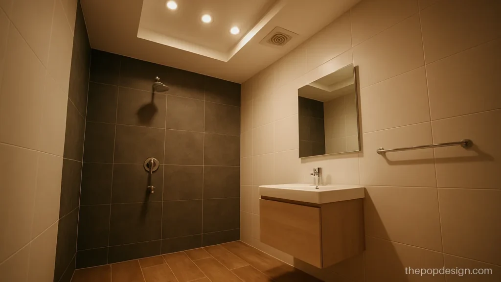 Bathroom ceiling POP design with spots over the shower zone and exhaust