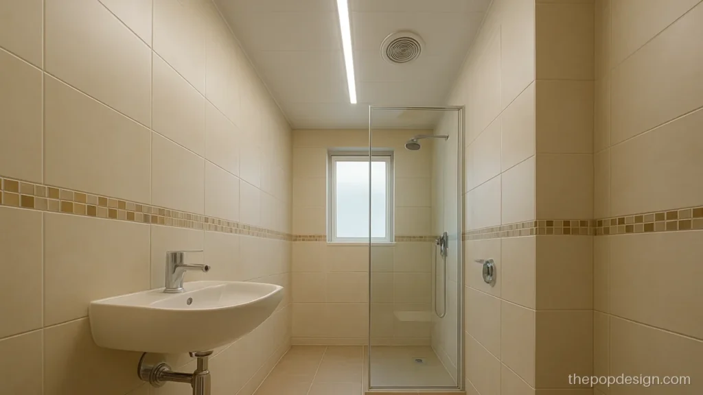 Pop design for bathroom with a linear light and exhaust near the window