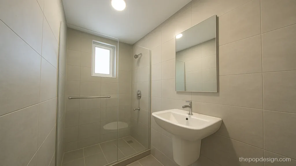 Small bathroom POP design with a flat ceiling and one round sealed light