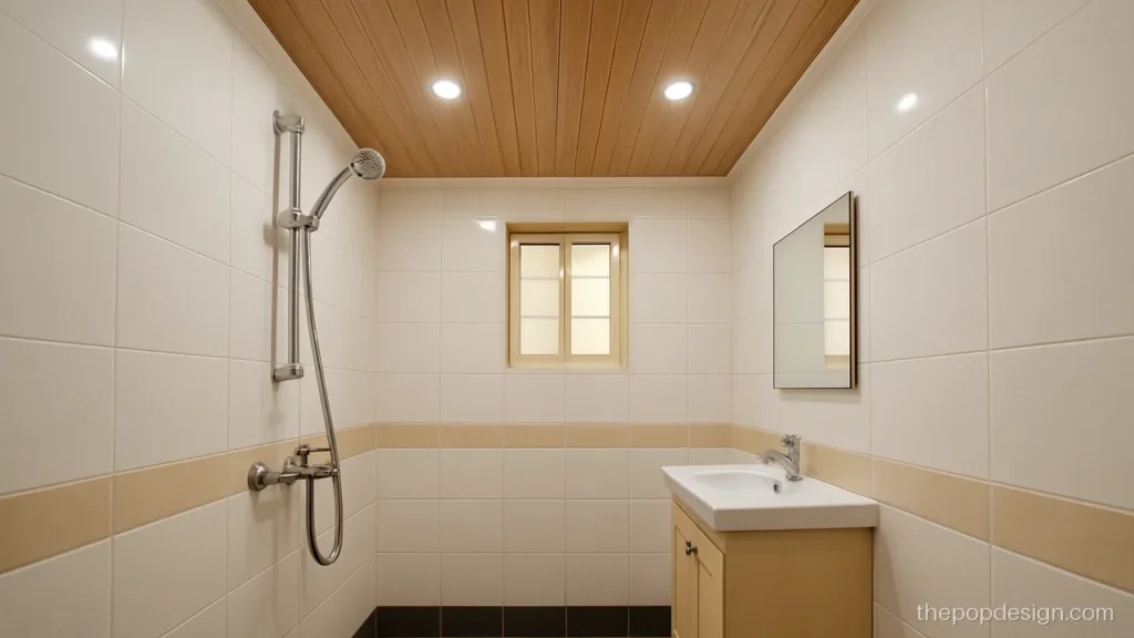 Simple pop design for small bathroom with PVC wood look strip panel