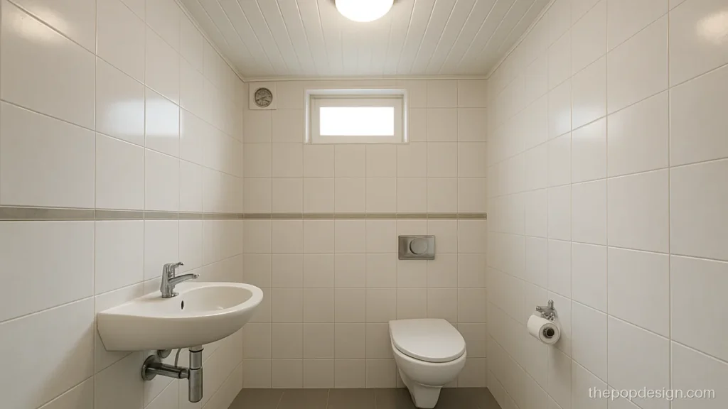 Toilet POP design with white PVC strip ceiling and an exhaust fan