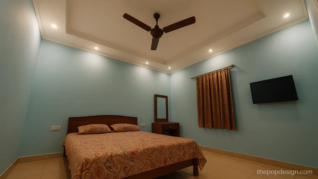 POP design for bedroom 10x12 with fan centred in a plain rectangle
