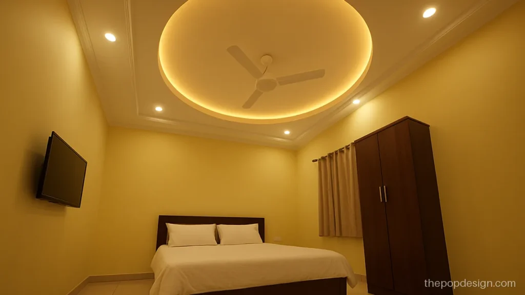 Bedroom POP fan design with the fan in a round recessed circle