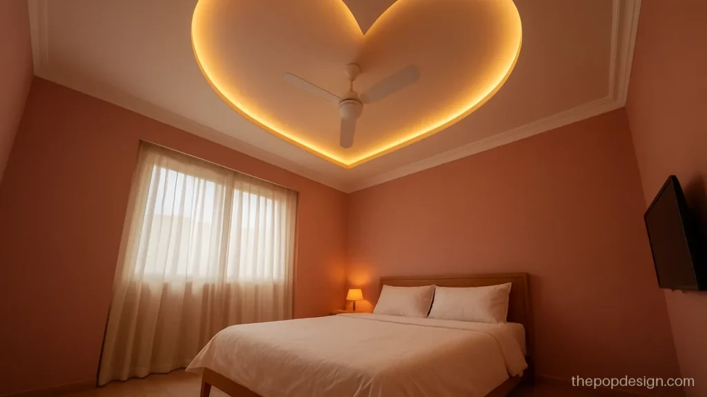 Bedroom heart POP design with the fan hanging from a heart shaped recess