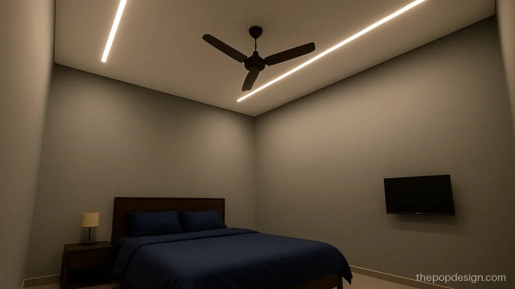 POP ceiling design for bedroom with fan between two straight profile lines