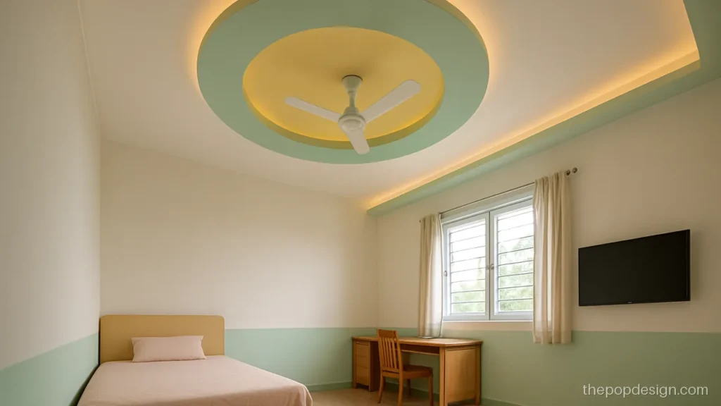 Kids room POP ceiling with overlapping circles in mint and yellow