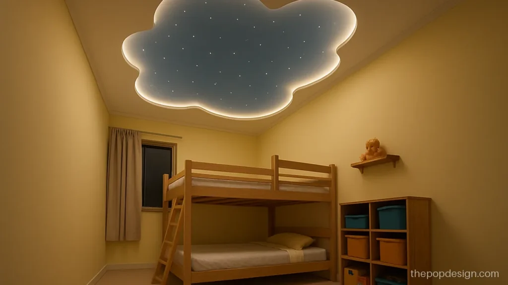 Kids room POP design with cloud curves and a sky blue recess