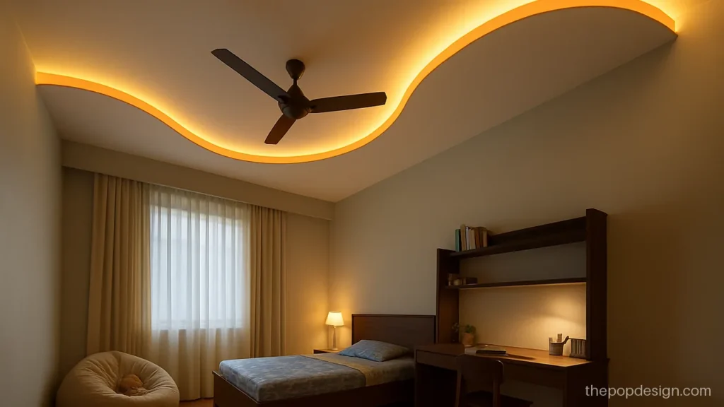 Kids bedroom POP design with a wavy band and an orange edge line