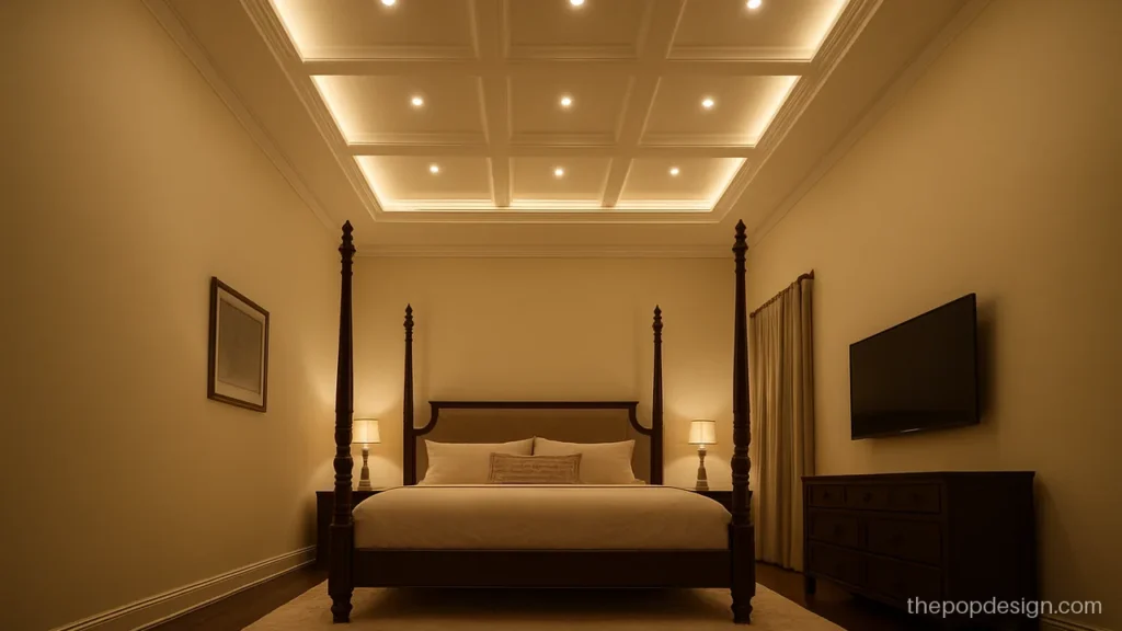 Luxury POP design for bedroom with a shallow coffered grid and warm lights