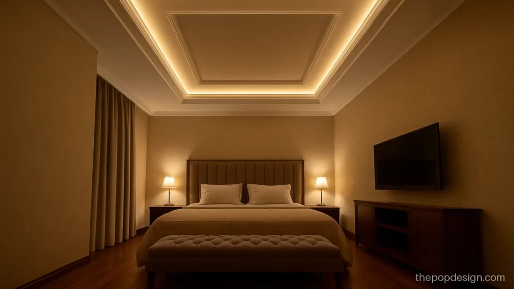 Luxury bedroom POP ceiling with three layers and a champagne accent band