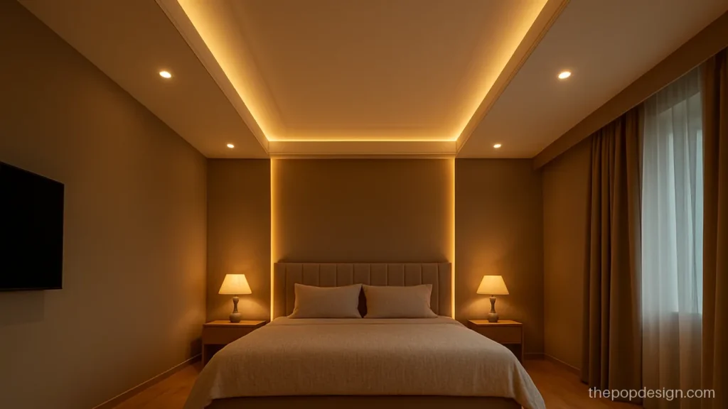 Master bedroom POP ceiling design with a panel running from bed wall onto ceiling