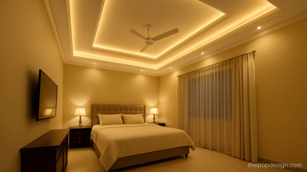 Master bedroom POP design with double step border and deep cove over the bed