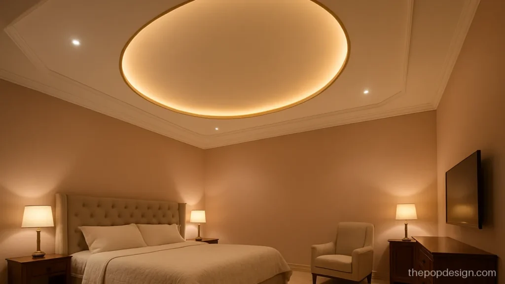 Master bedroom POP design latest oval recess with a thin gold line