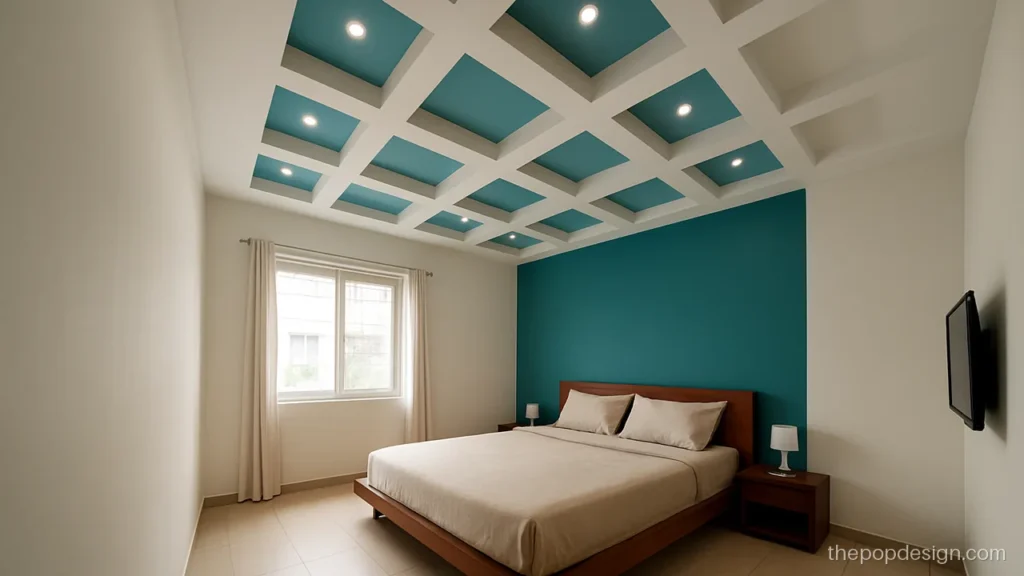Bedroom plus minus POP design with colour, teal strips and white raised blocks