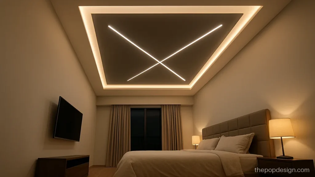 Bedroom modern POP plus minus design with a grey recessed box and raised edges