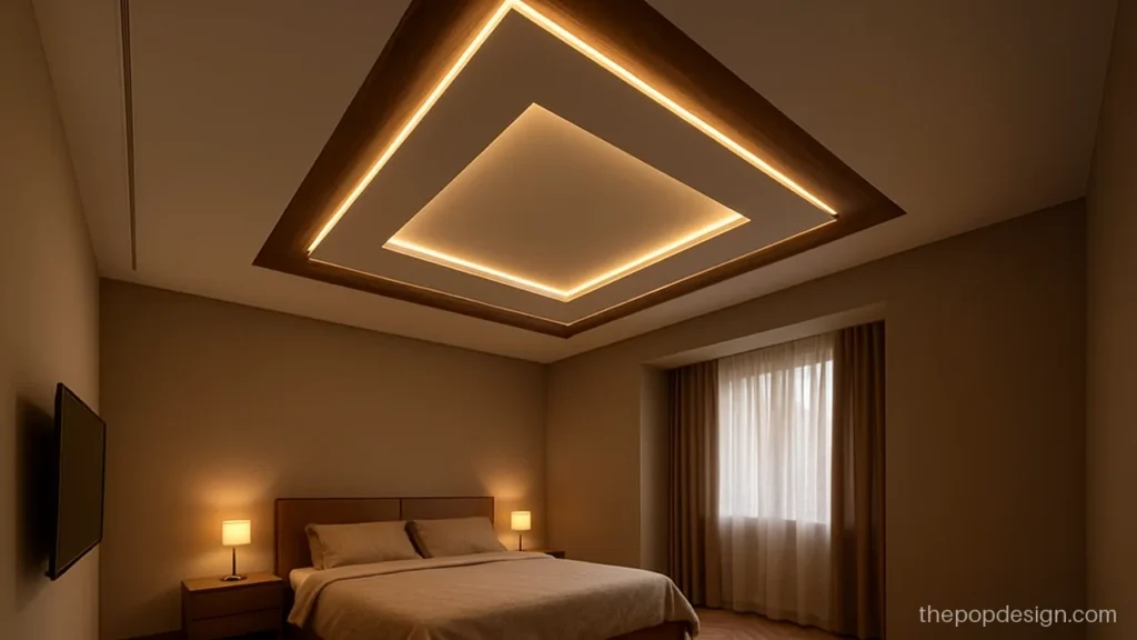 Bedroom new modern POP plus minus design with offset rectangles and wood strip