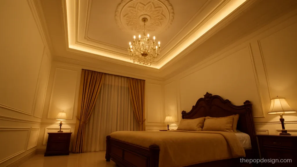 Royal POP design for bedroom with a flower medallion and crown moulding
