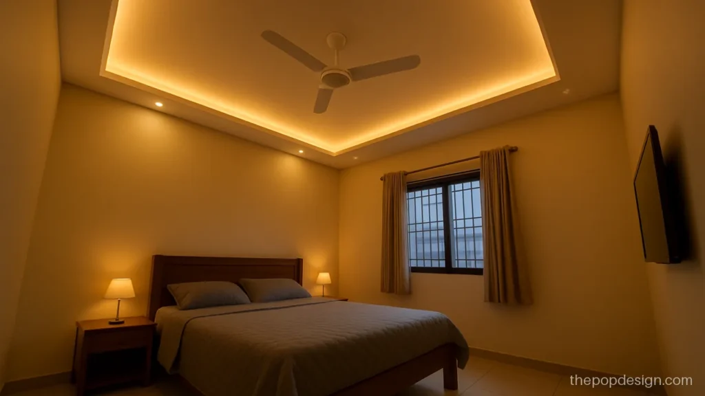 Simple POP design for bedroom with a single step border and warm cove light