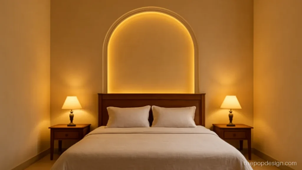 POP wall design for bedroom with an arch niche behind the bed