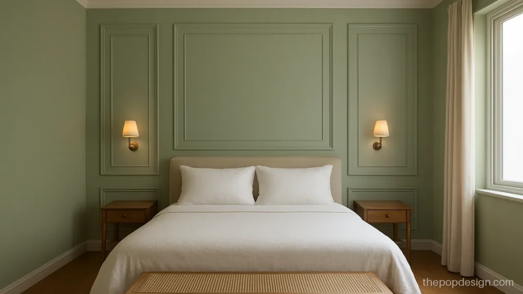 POP molding design on bedroom wall with rectangular frames around the bed