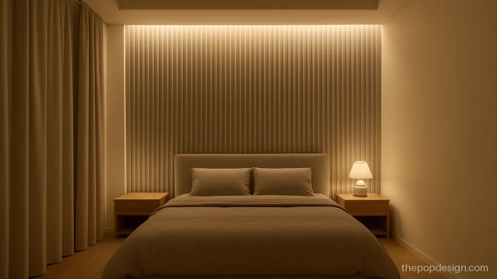 Wall POP design for bedroom with vertical fluted panels in soft grey