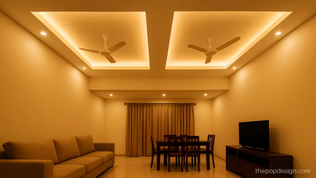 Ceiling beam pop design that turns one beam into two neat panels