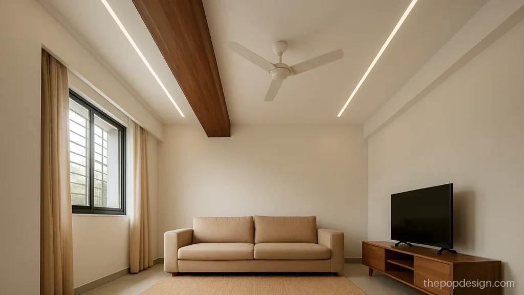 Ceiling beam pop design with the beam wrapped in a wood finish