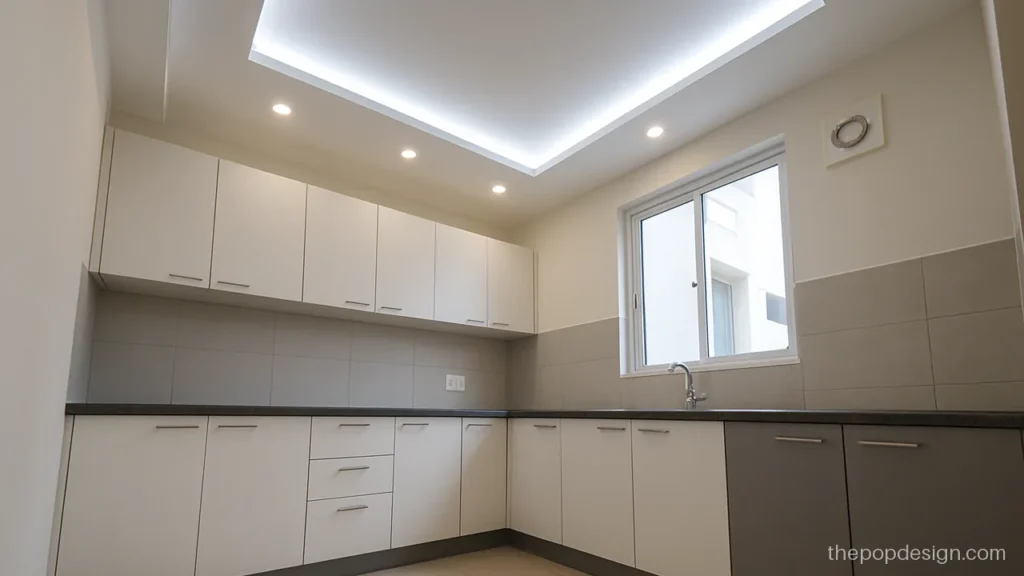 Ceiling design with POP cove and cool light in a kitchen