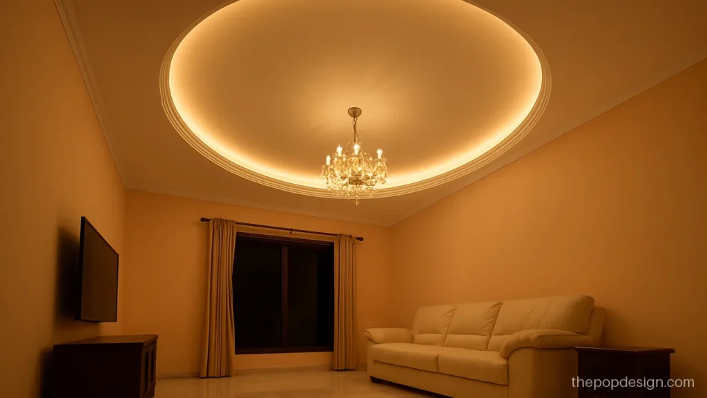 Pop ceiling design with an oval warm cove in a living hall