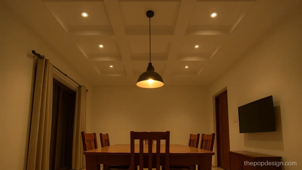 Ceiling design POP with plus minus squares over a dining table