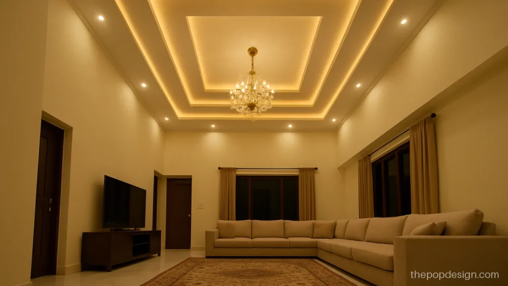 Multi-level POP ceiling design with three steps in a large hall