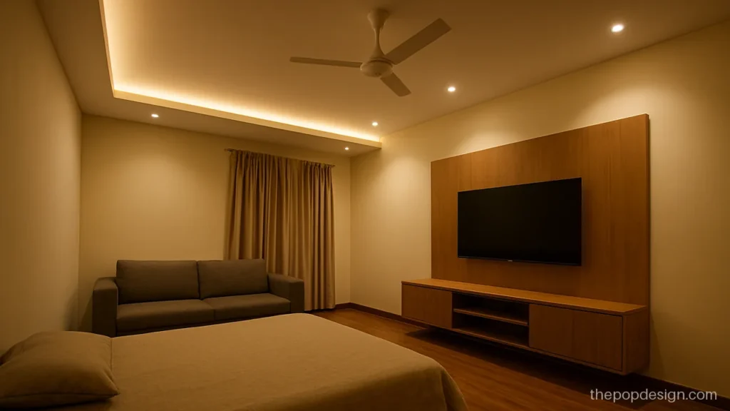 Half ceiling pop design along one wall with an open slab