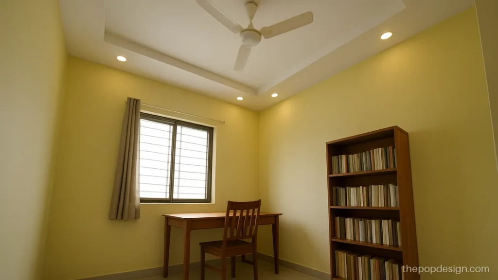 Single level POP ceiling design with a flat border in a study room
