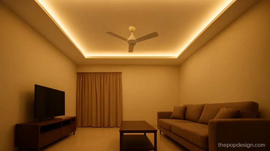 Ceiling pop design with one rectangular cut-out and a hidden cove