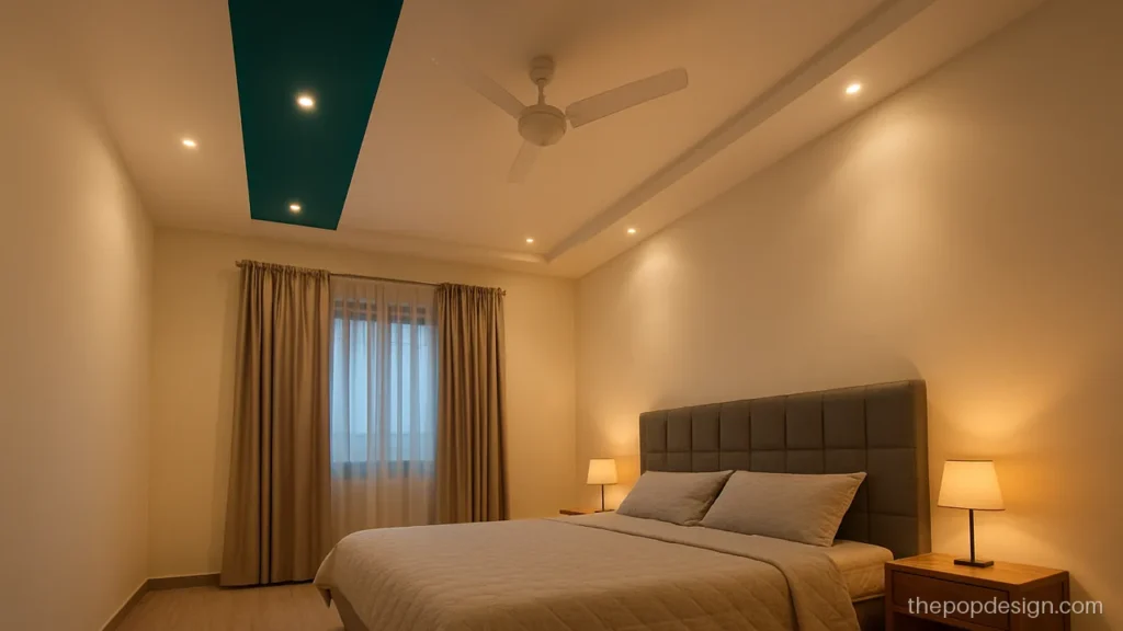 Bedroom pop design with colour: teal accent strip over the bed