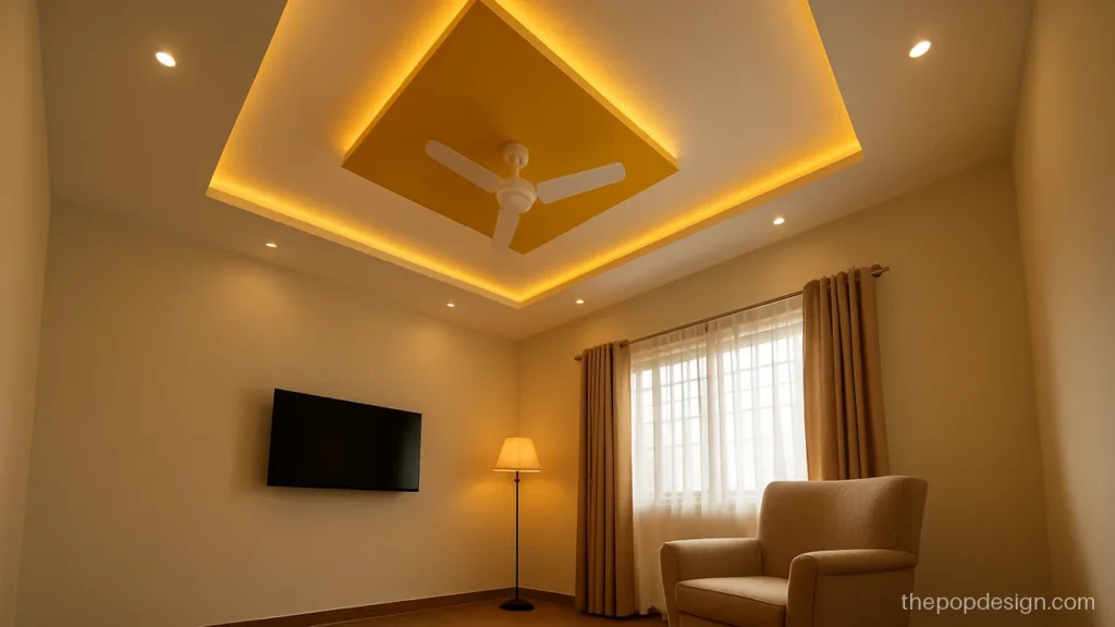 Pop design colour photo with one bold mustard box in a white ceiling
