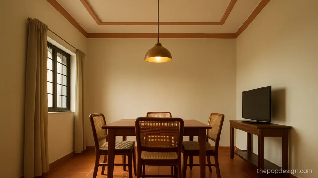 Pop design colour combination of cream and terracotta around a dining ceiling