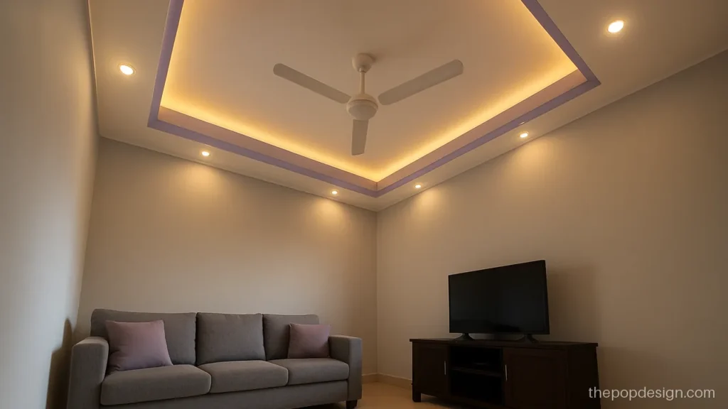 Hall pop ceiling design in purple colour with a soft lilac band