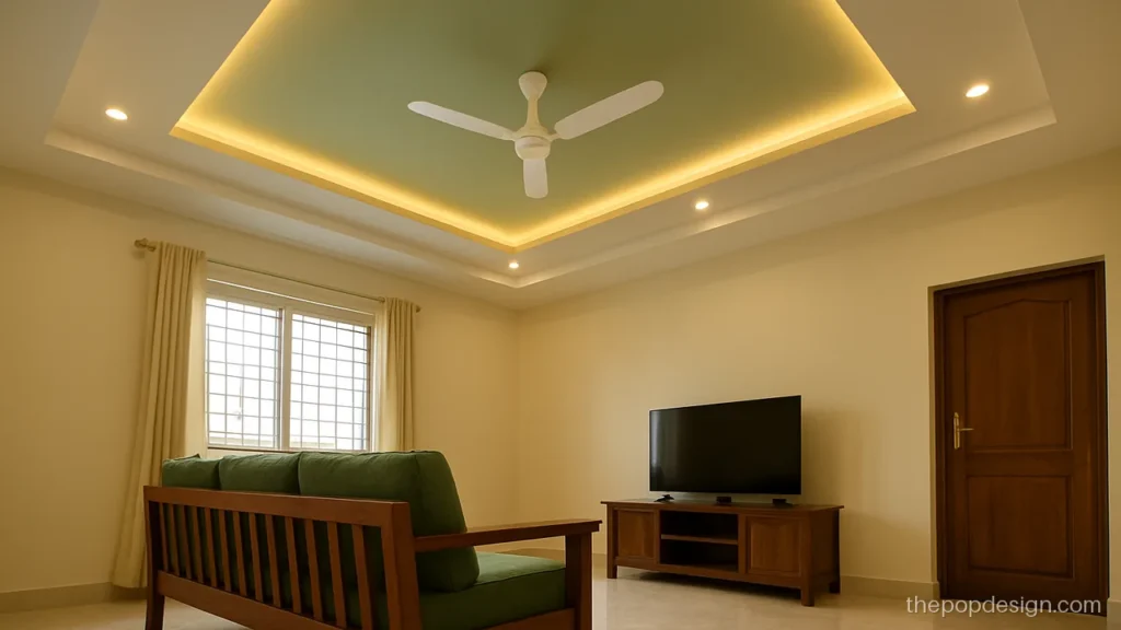 Pop design colour combination of ivory and sage green on a hall ceiling