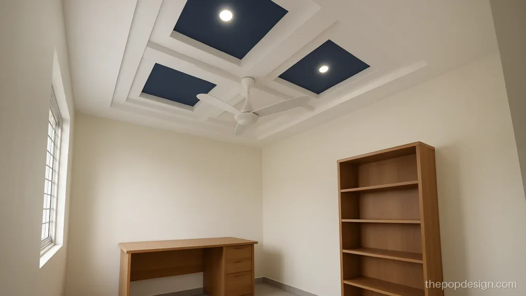 Plus minus pop design colour with navy blue accent boxes in a study