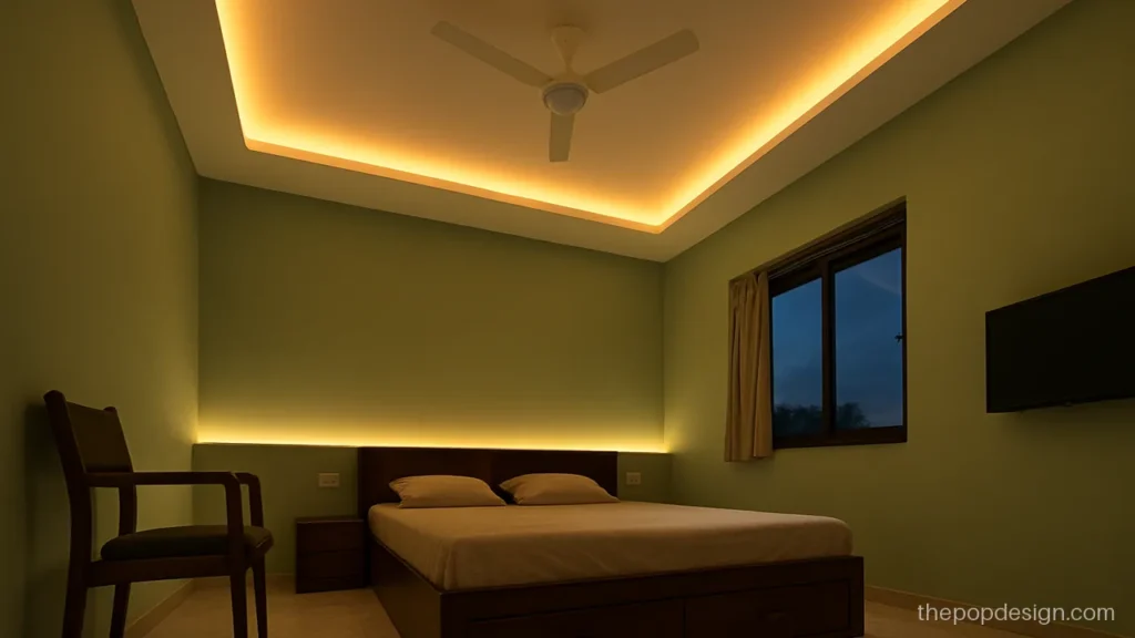Low budget POP design for 12x12 bedroom with an L shaped cove on two walls